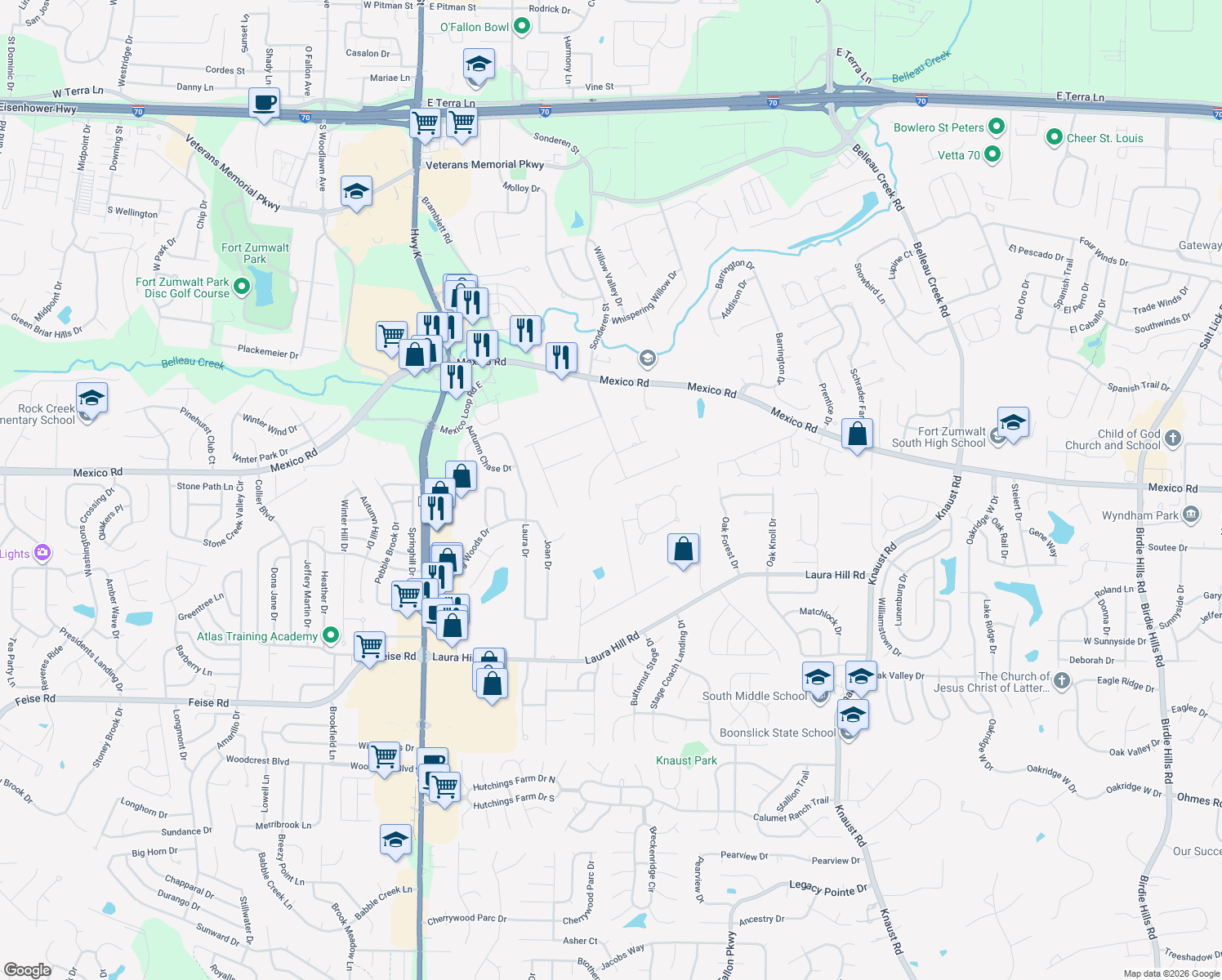 map of restaurants, bars, coffee shops, grocery stores, and more near 2 Summer Drive in St. Peters