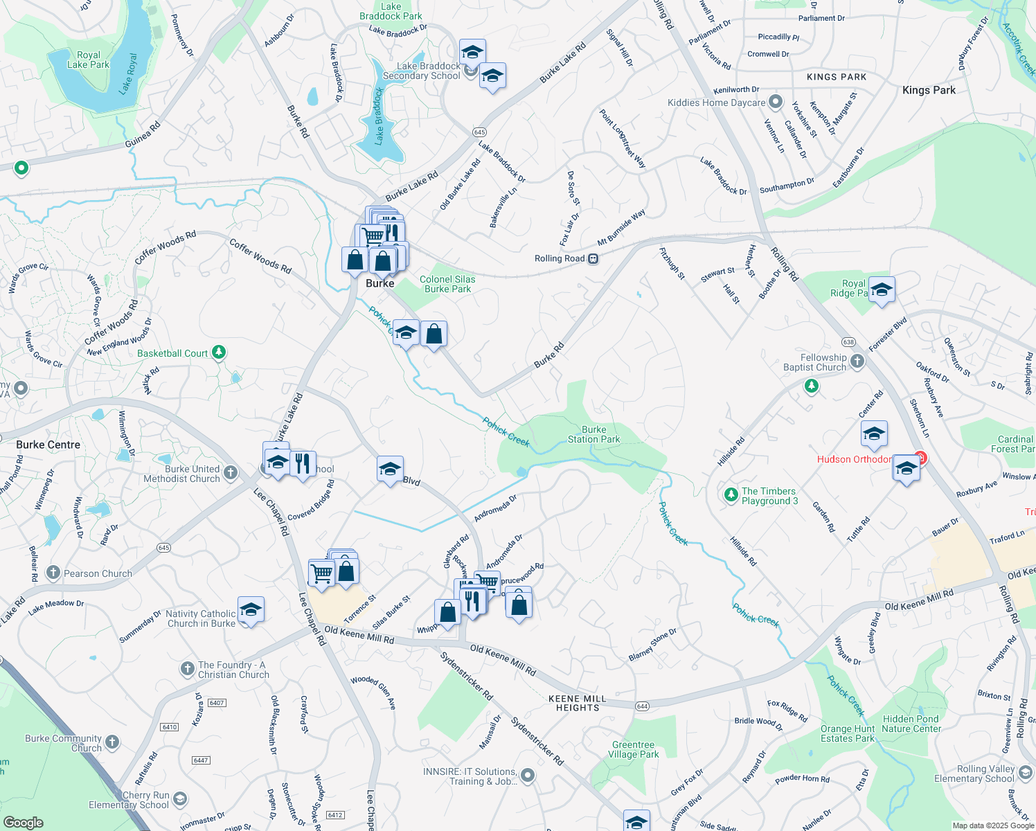 map of restaurants, bars, coffee shops, grocery stores, and more near 6037 Liberty Bell Court in Burke