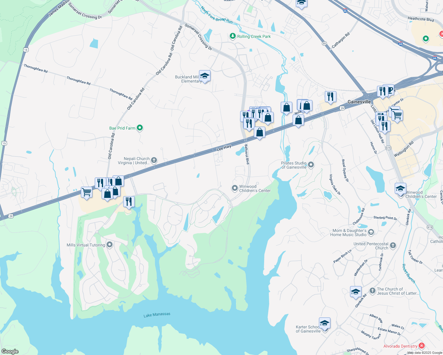 map of restaurants, bars, coffee shops, grocery stores, and more near 14859 Lee Hwy in Gainesville