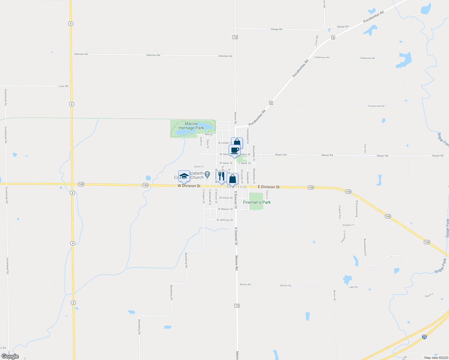 map of restaurants, bars, coffee shops, grocery stores, and more near 121 North Nebraska Street in Marine