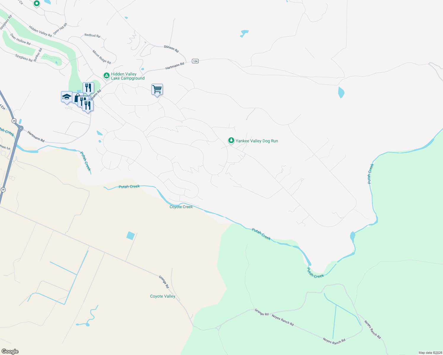 map of restaurants, bars, coffee shops, grocery stores, and more near 18830 Lynx Court in Hidden Valley Lake