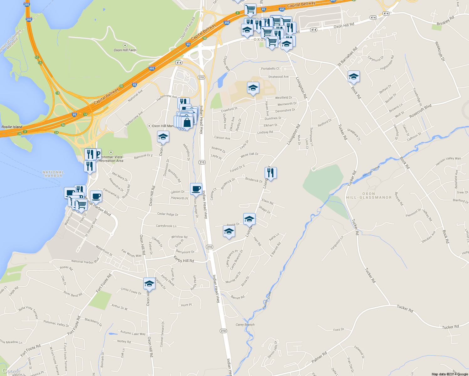 map of restaurants, bars, coffee shops, grocery stores, and more near 7406 Ben Drive in Oxon Hill-Glassmanor