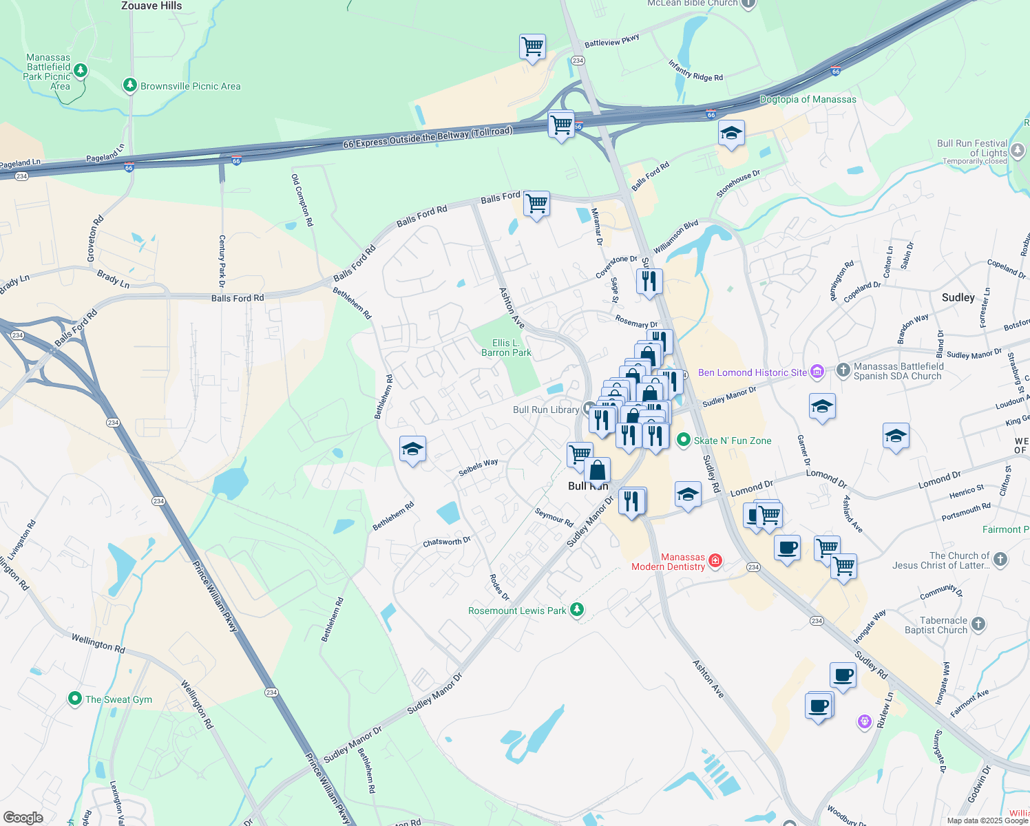 map of restaurants, bars, coffee shops, grocery stores, and more near 10668 Winfield Loop in Manassas