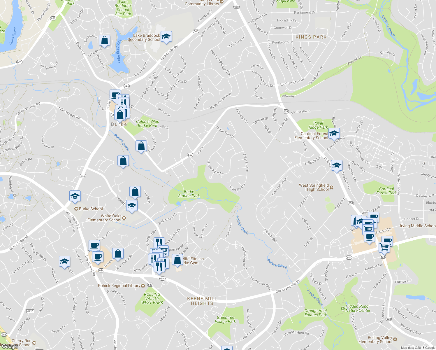 map of restaurants, bars, coffee shops, grocery stores, and more near 9050 Brook Ford Road in Burke