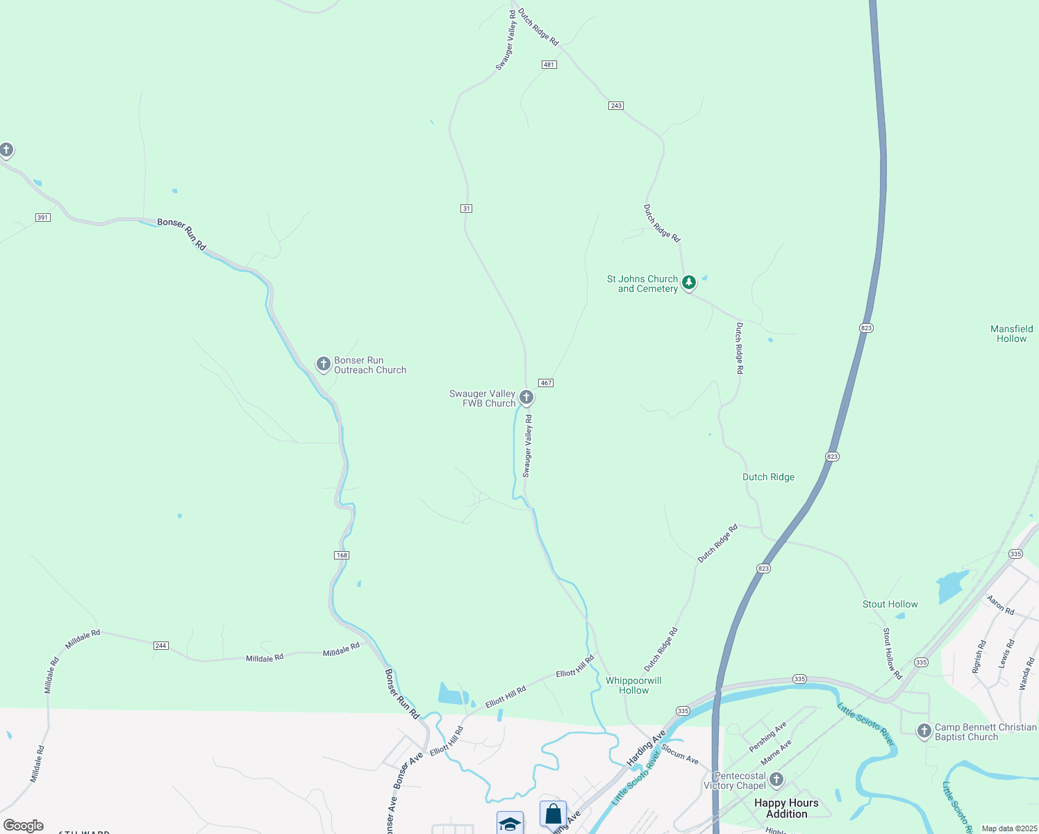 map of restaurants, bars, coffee shops, grocery stores, and more near 1249 Swauger Valley Road in Portsmouth