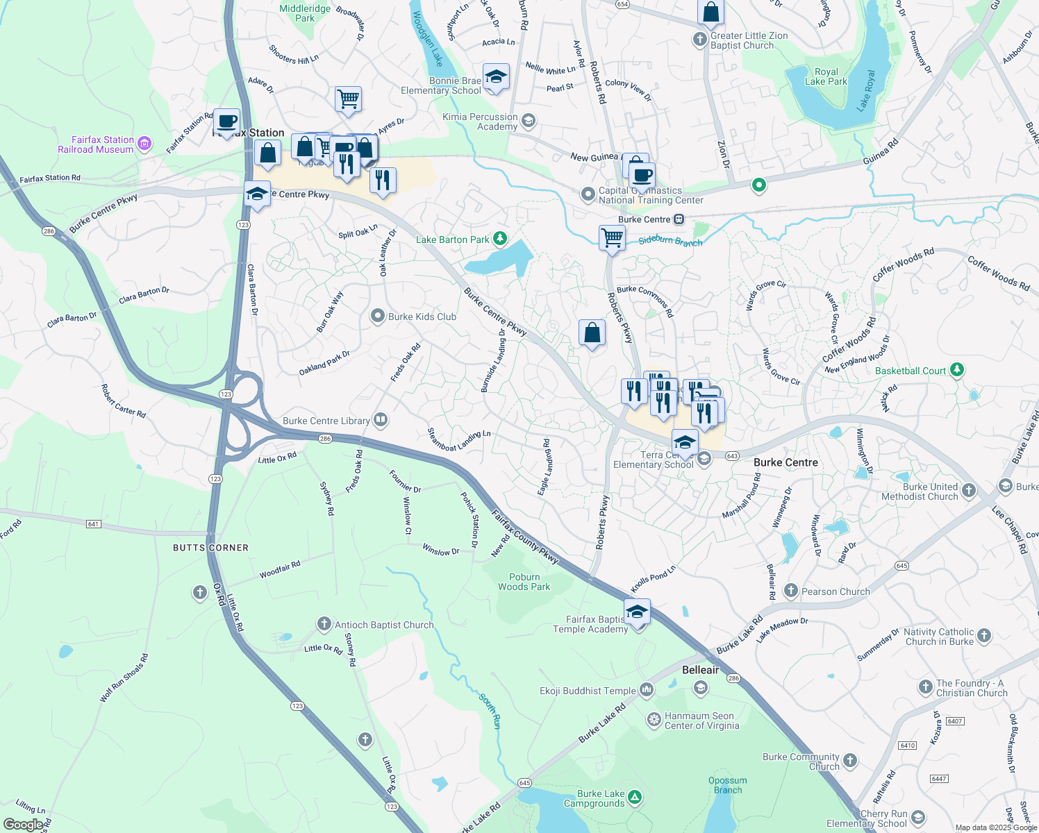 map of restaurants, bars, coffee shops, grocery stores, and more near 6025 Burnside Landing Drive in Burke