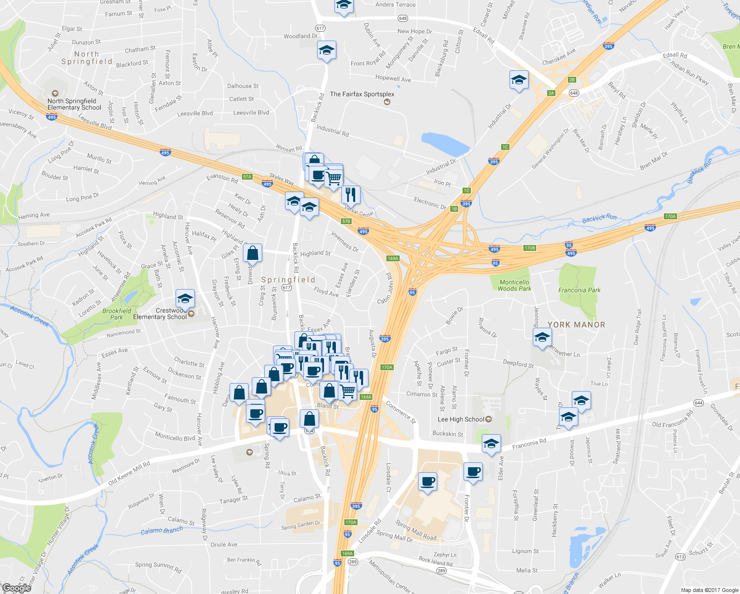 map of restaurants, bars, coffee shops, grocery stores, and more near 5924 Augusta Drive in Springfield