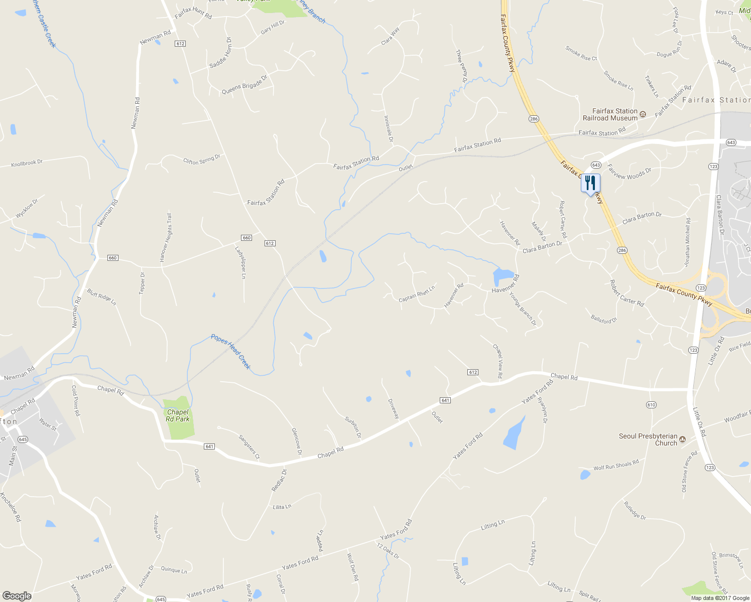 map of restaurants, bars, coffee shops, grocery stores, and more near 11671 Captain Rhett Lane in Fairfax Station