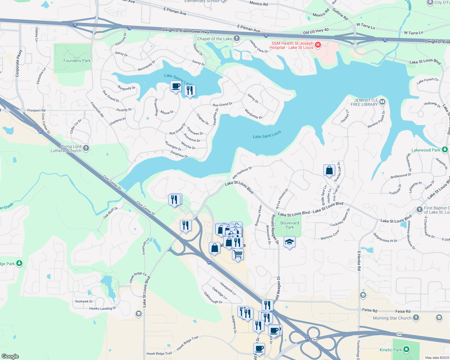 map of restaurants, bars, coffee shops, grocery stores, and more near 63 Moorings Drive in Lake Saint Louis