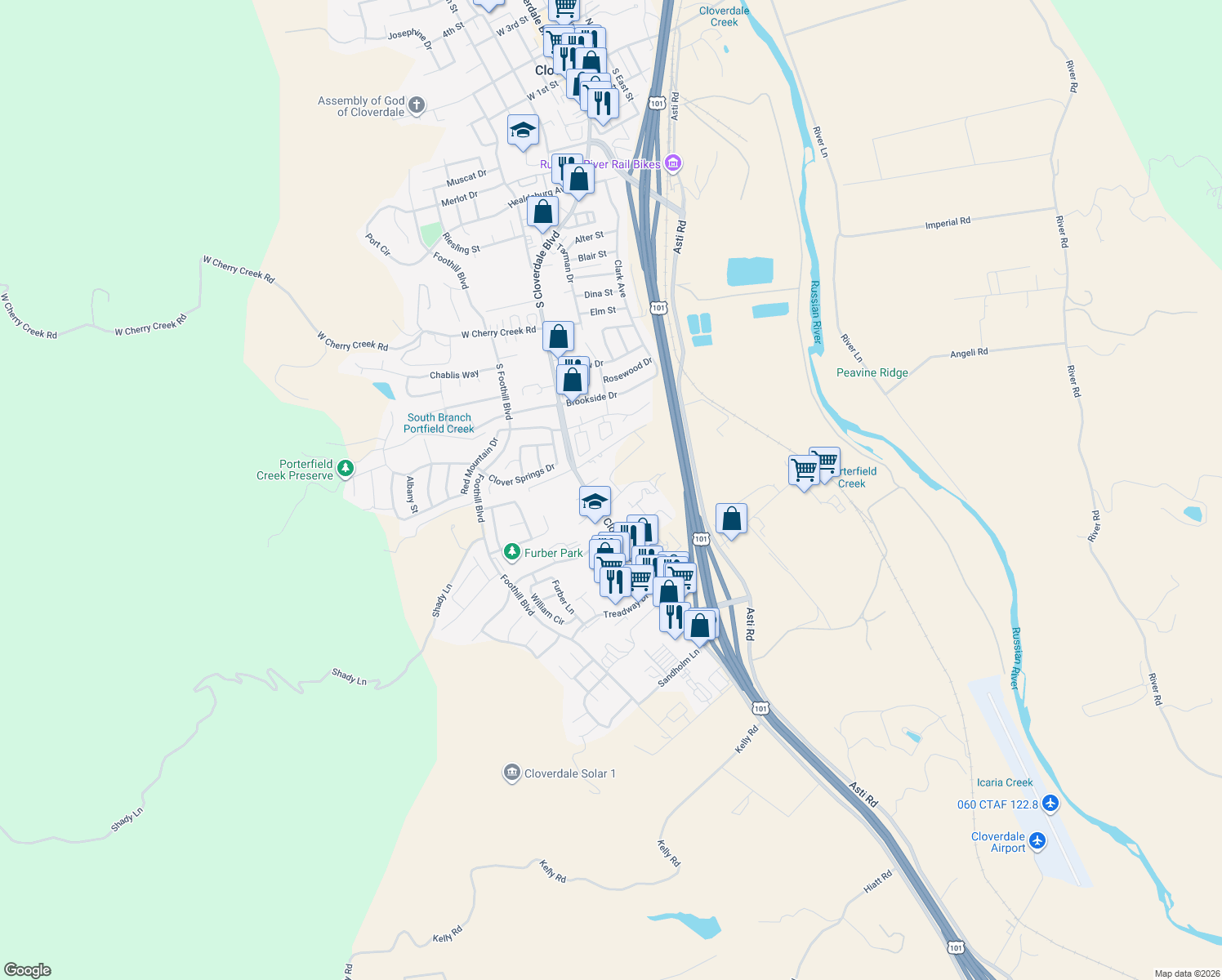 map of restaurants, bars, coffee shops, grocery stores, and more near 55 El Rancho Drive in Cloverdale