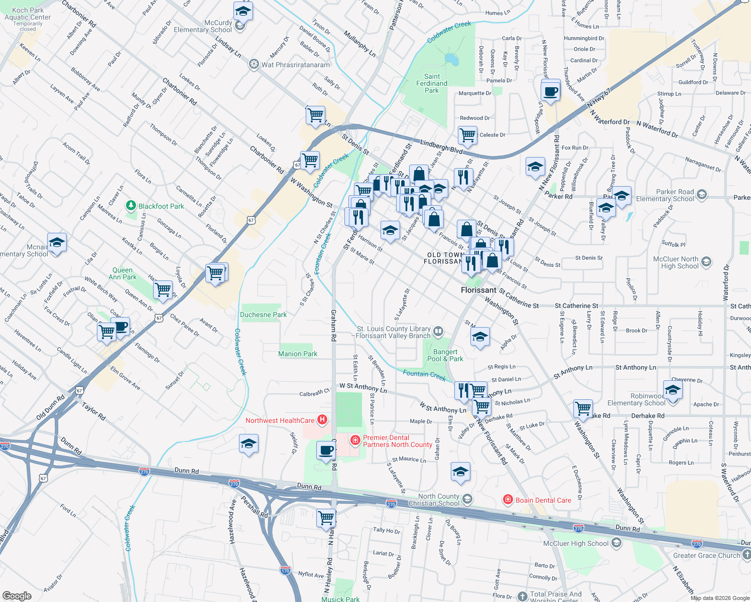 map of restaurants, bars, coffee shops, grocery stores, and more near 240 South Saint Jacques Street in Florissant