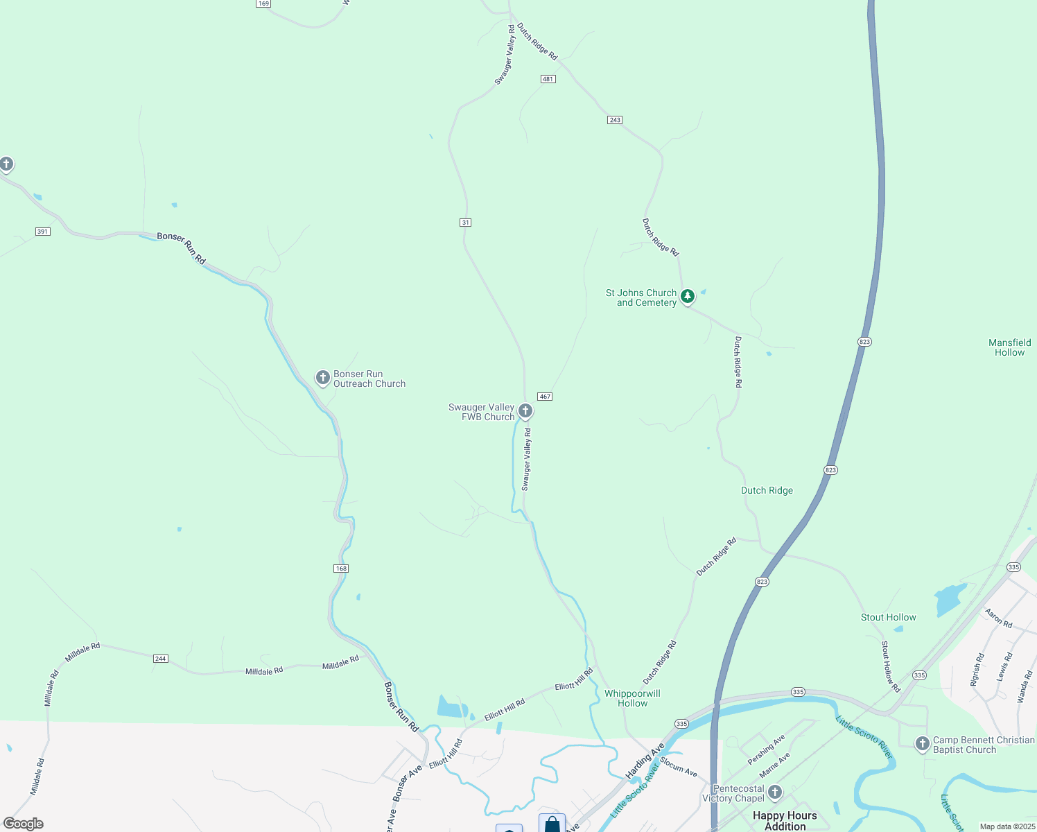 map of restaurants, bars, coffee shops, grocery stores, and more near 1249 Swauger Valley Road in Portsmouth