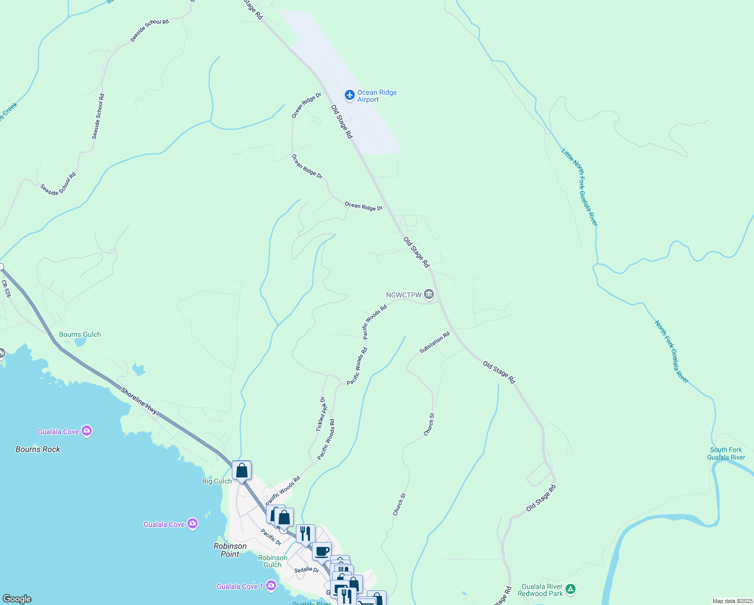 map of restaurants, bars, coffee shops, grocery stores, and more near 45400 Pacific Woods Road in Gualala