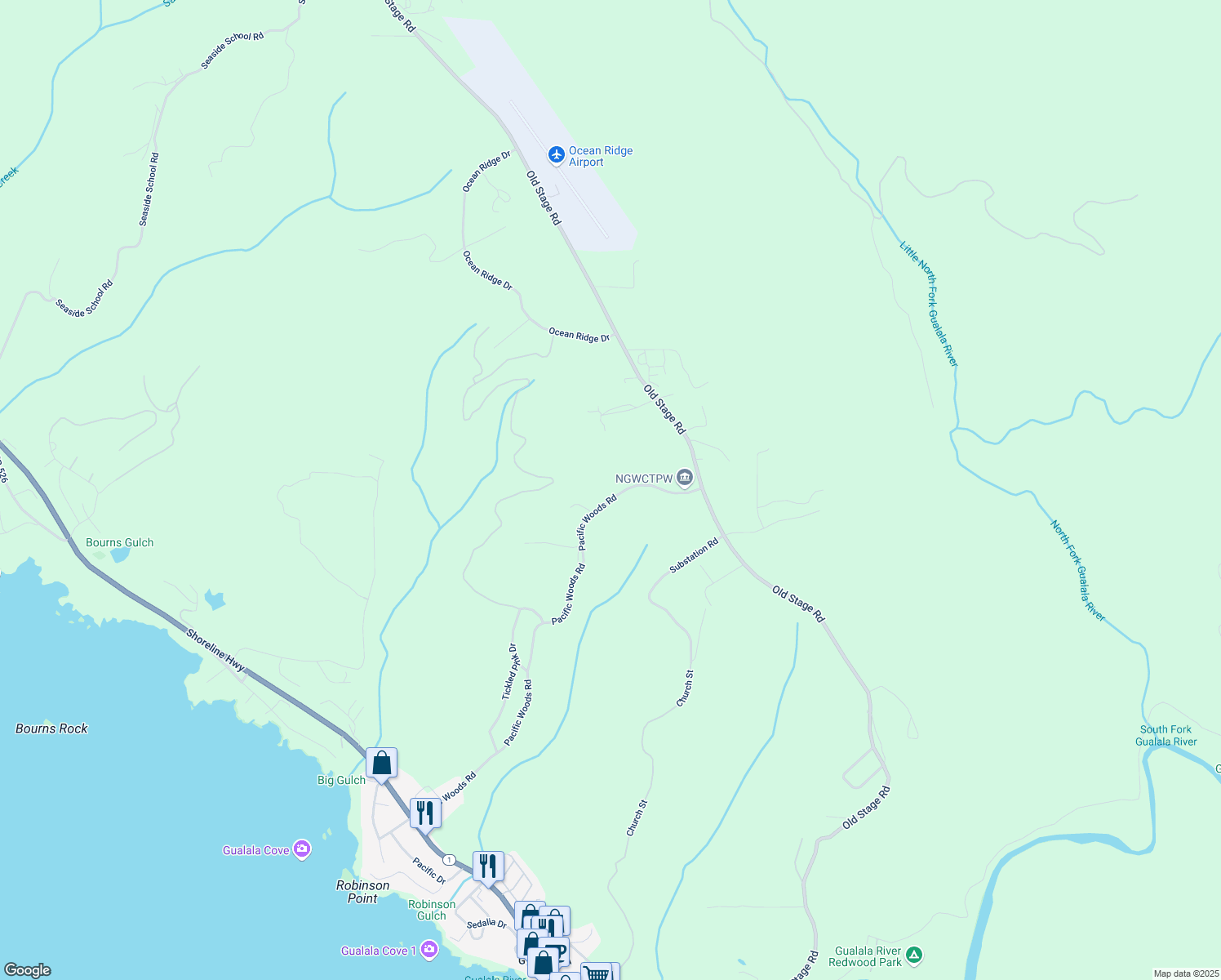 map of restaurants, bars, coffee shops, grocery stores, and more near 45400 Pacific Woods Road in Gualala