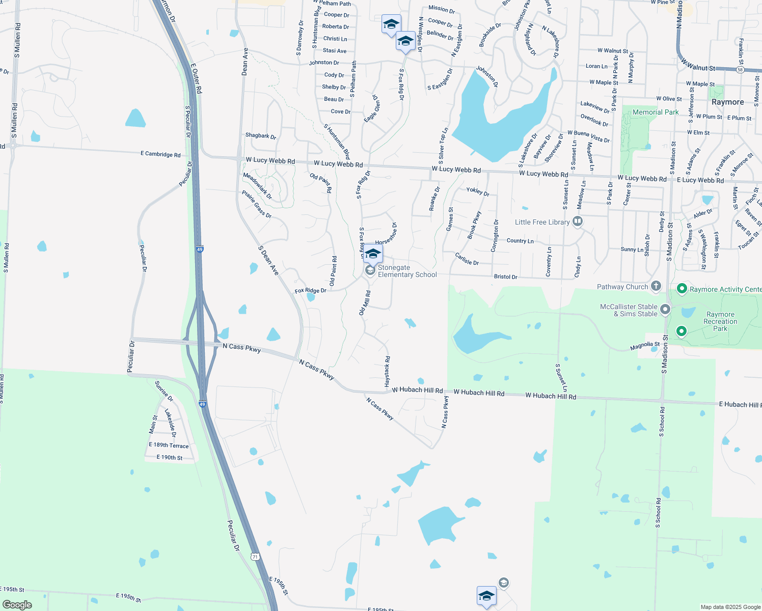 map of restaurants, bars, coffee shops, grocery stores, and more near 1514 Deer Path in Raymore