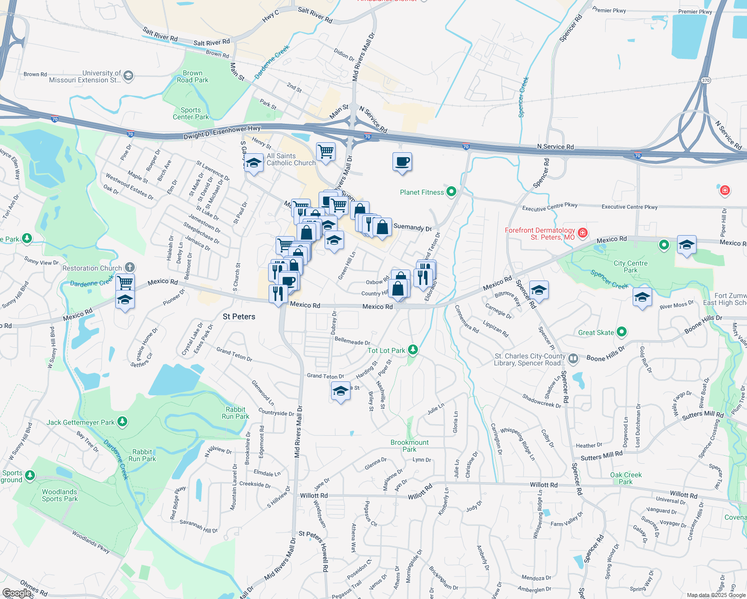 map of restaurants, bars, coffee shops, grocery stores, and more near 27 Cross Trail Lane in Saint Peters
