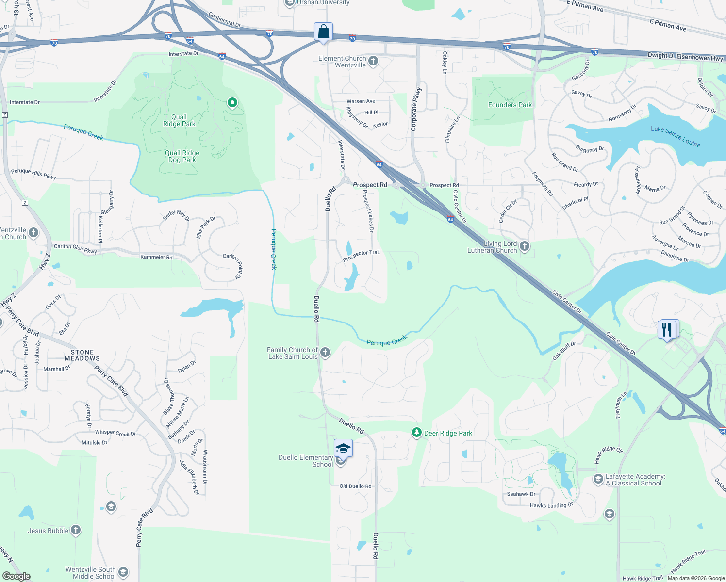 map of restaurants, bars, coffee shops, grocery stores, and more near 1543 Prospect Lakes Dr in Wentzville