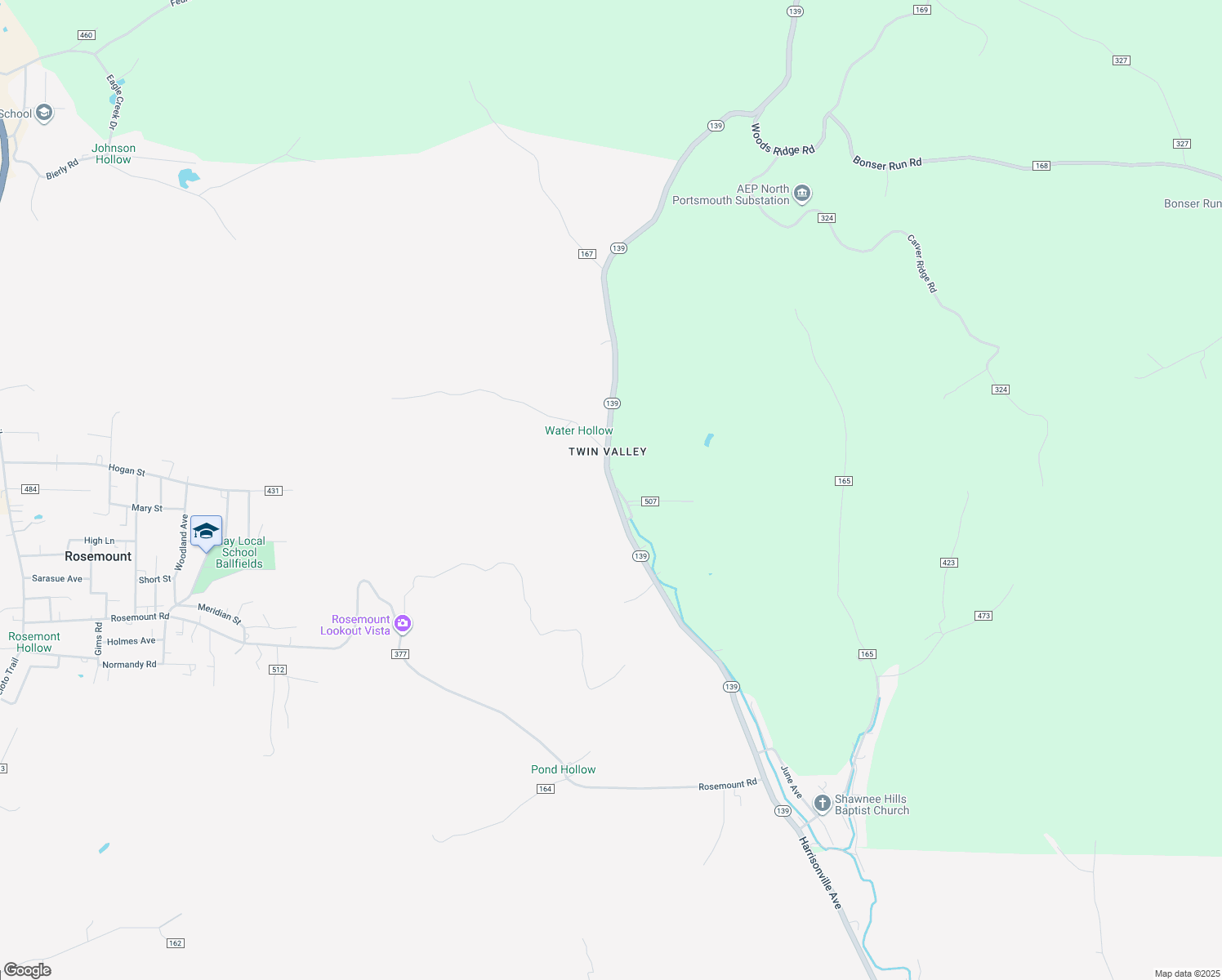 map of restaurants, bars, coffee shops, grocery stores, and more near 2647 Ohio 139 in Portsmouth