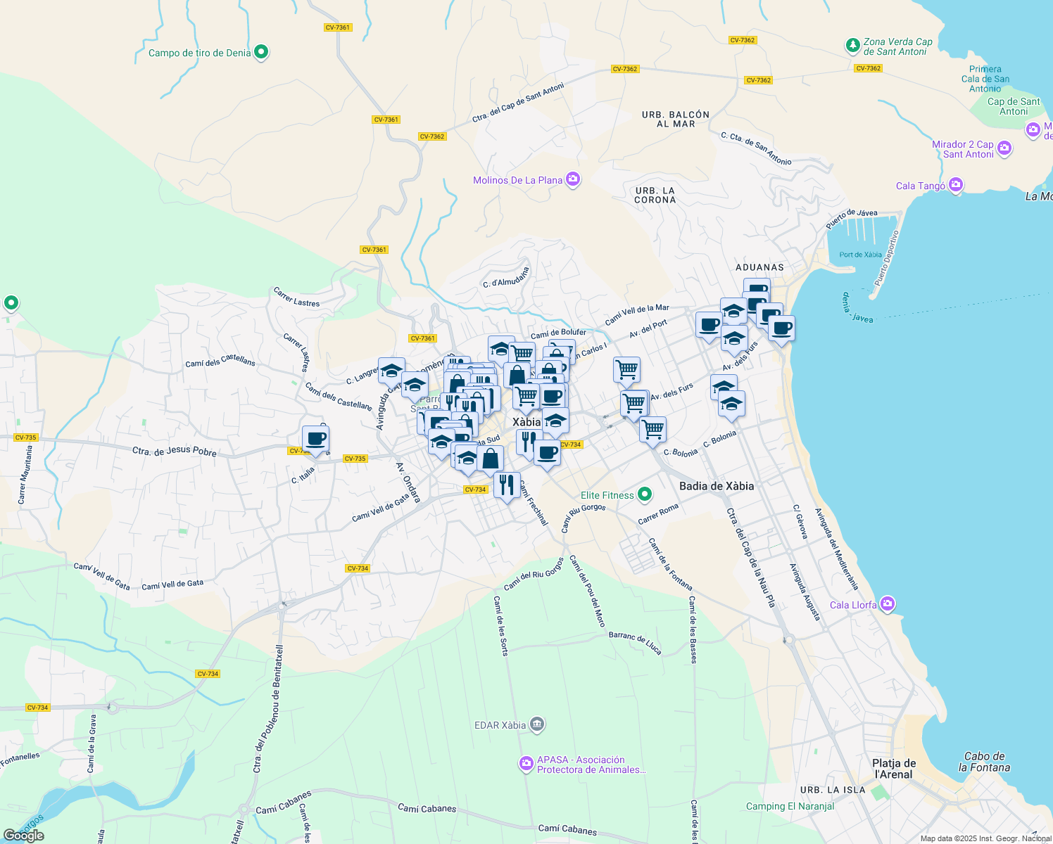 map of restaurants, bars, coffee shops, grocery stores, and more near in Xàbia