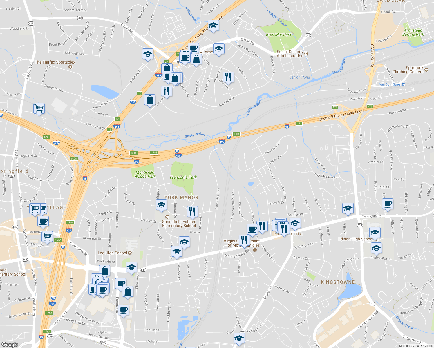 map of restaurants, bars, coffee shops, grocery stores, and more near 6085 Deer Ridge Trail in Springfield