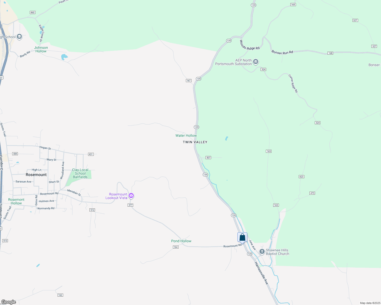 map of restaurants, bars, coffee shops, grocery stores, and more near 2647 Ohio 139 in Portsmouth