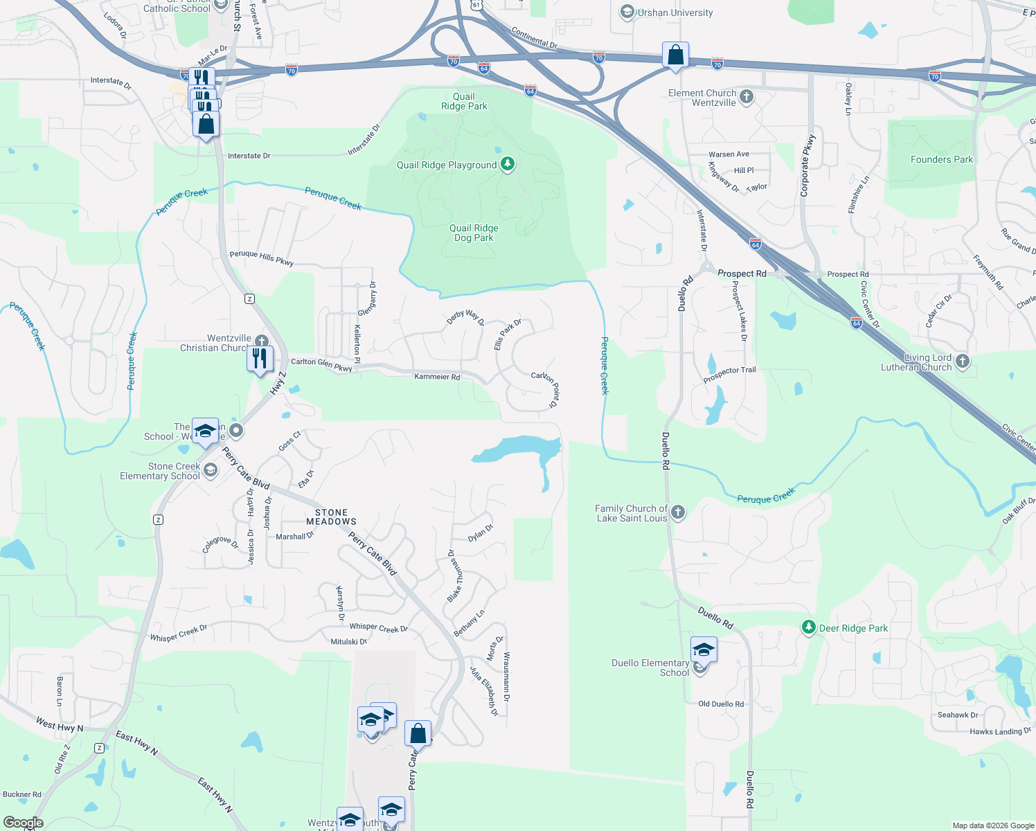 map of restaurants, bars, coffee shops, grocery stores, and more near 119 Carlton Point Drive in Wentzville