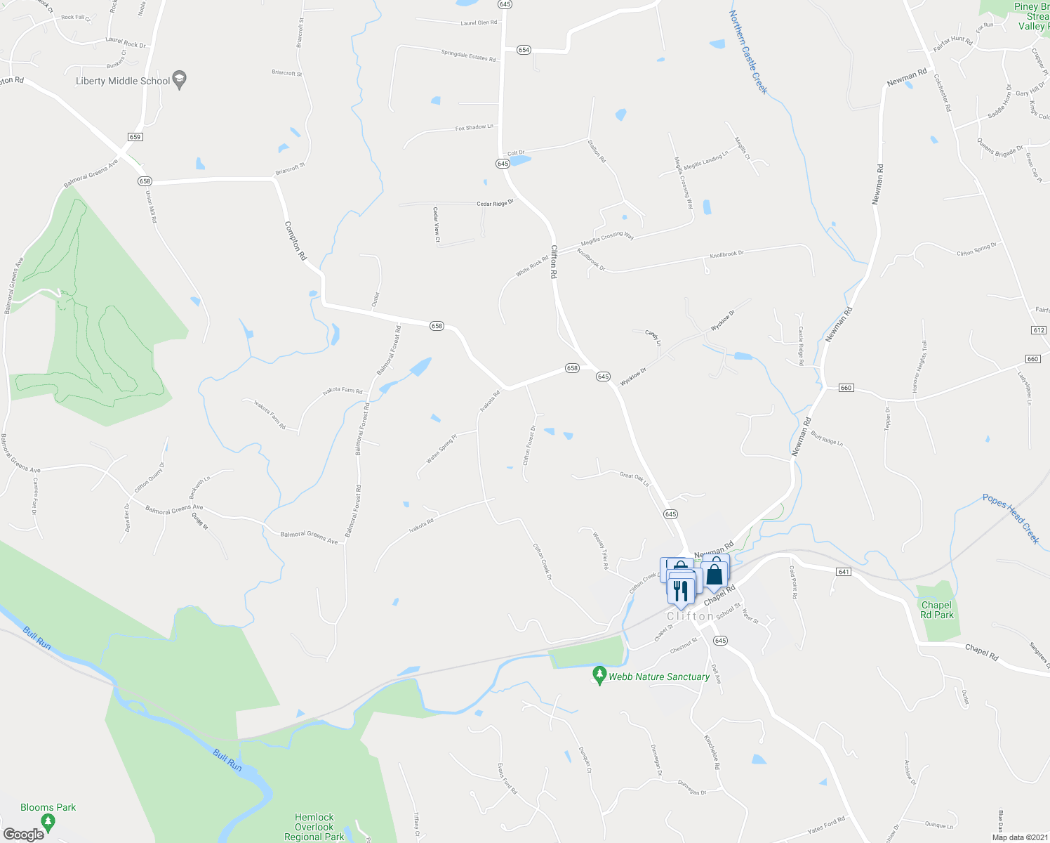 map of restaurants, bars, coffee shops, grocery stores, and more near 7000 Clifton Forest Drive in Clifton