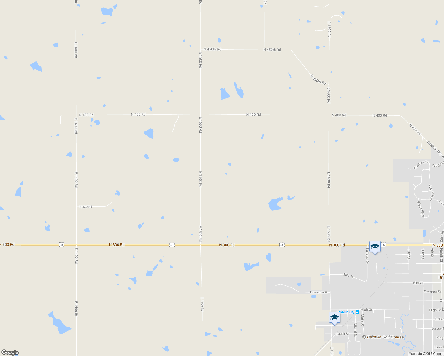 map of restaurants, bars, coffee shops, grocery stores, and more near 404 East 1500 Road in Baldwin City