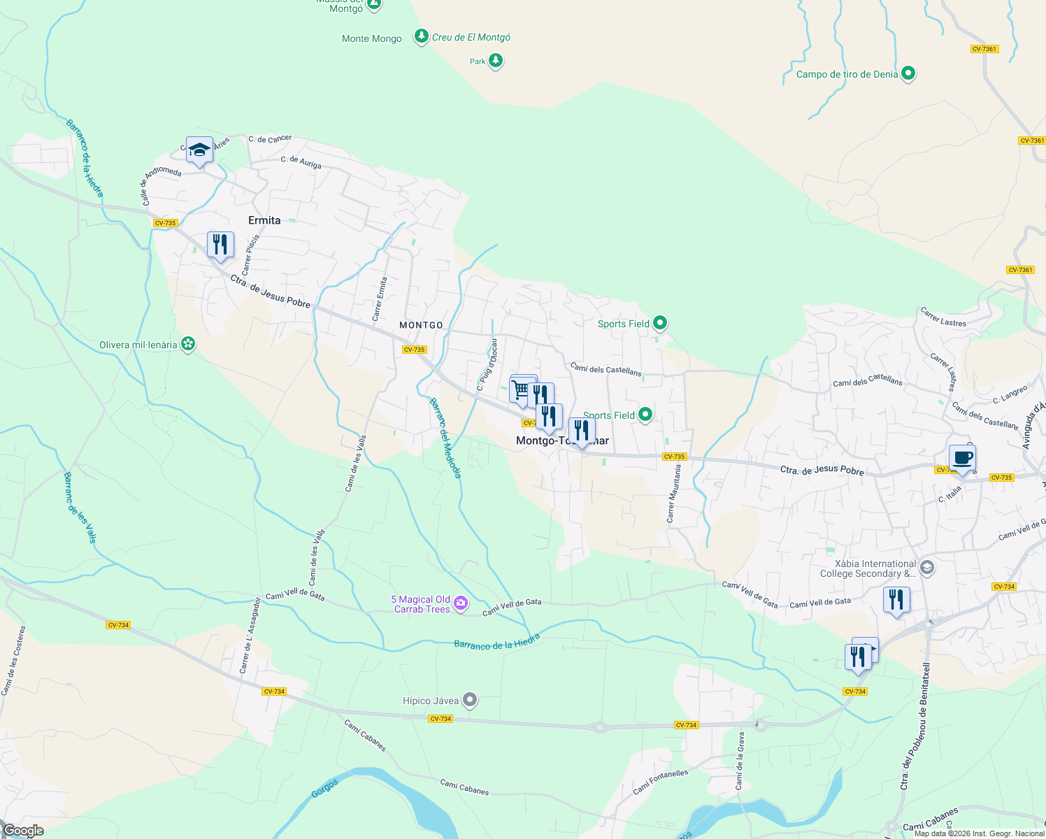 map of restaurants, bars, coffee shops, grocery stores, and more near 113 Carretera de Jesus Pobre in Jávea