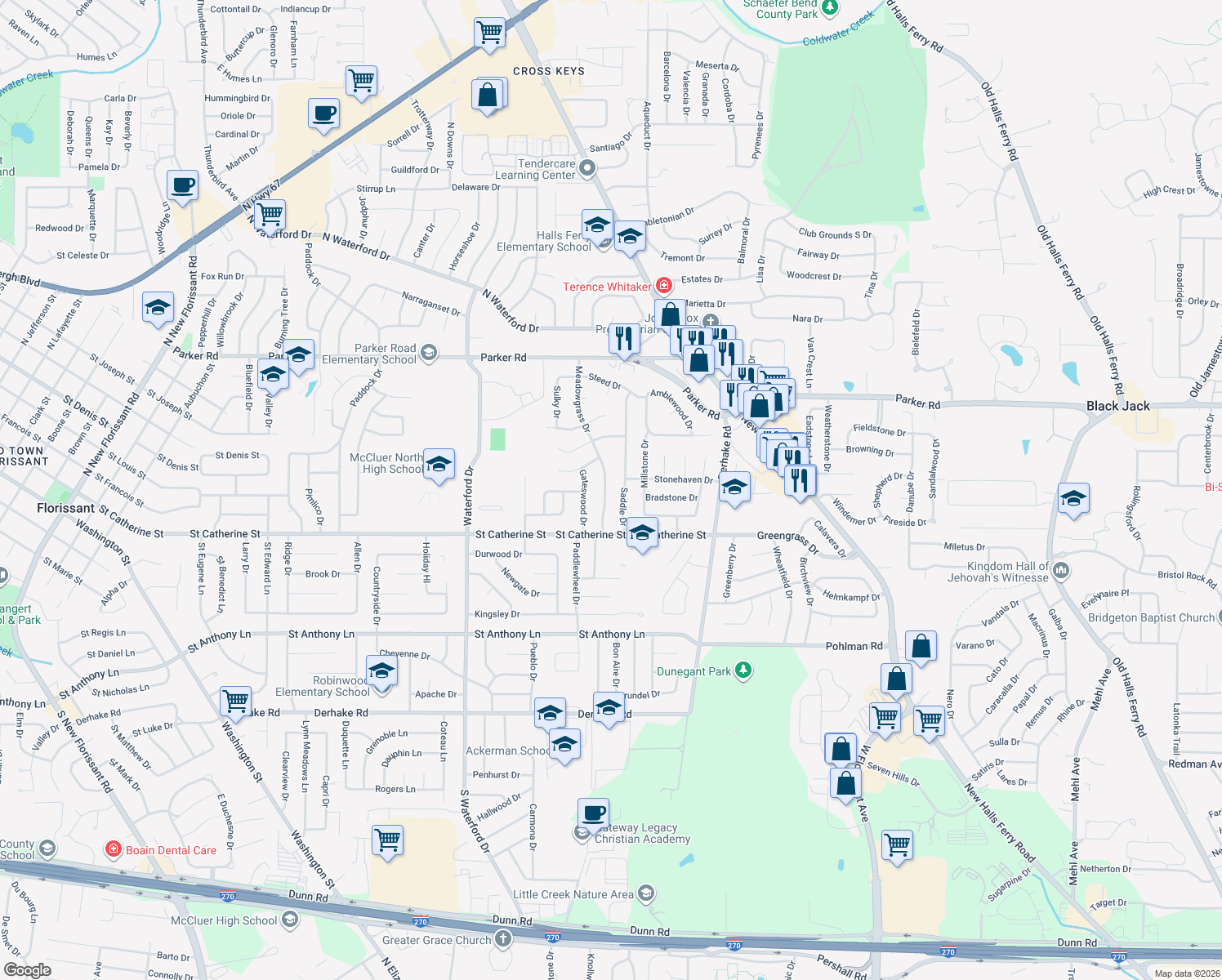 map of restaurants, bars, coffee shops, grocery stores, and more near 740 Meadowgrass Dr in Florissant
