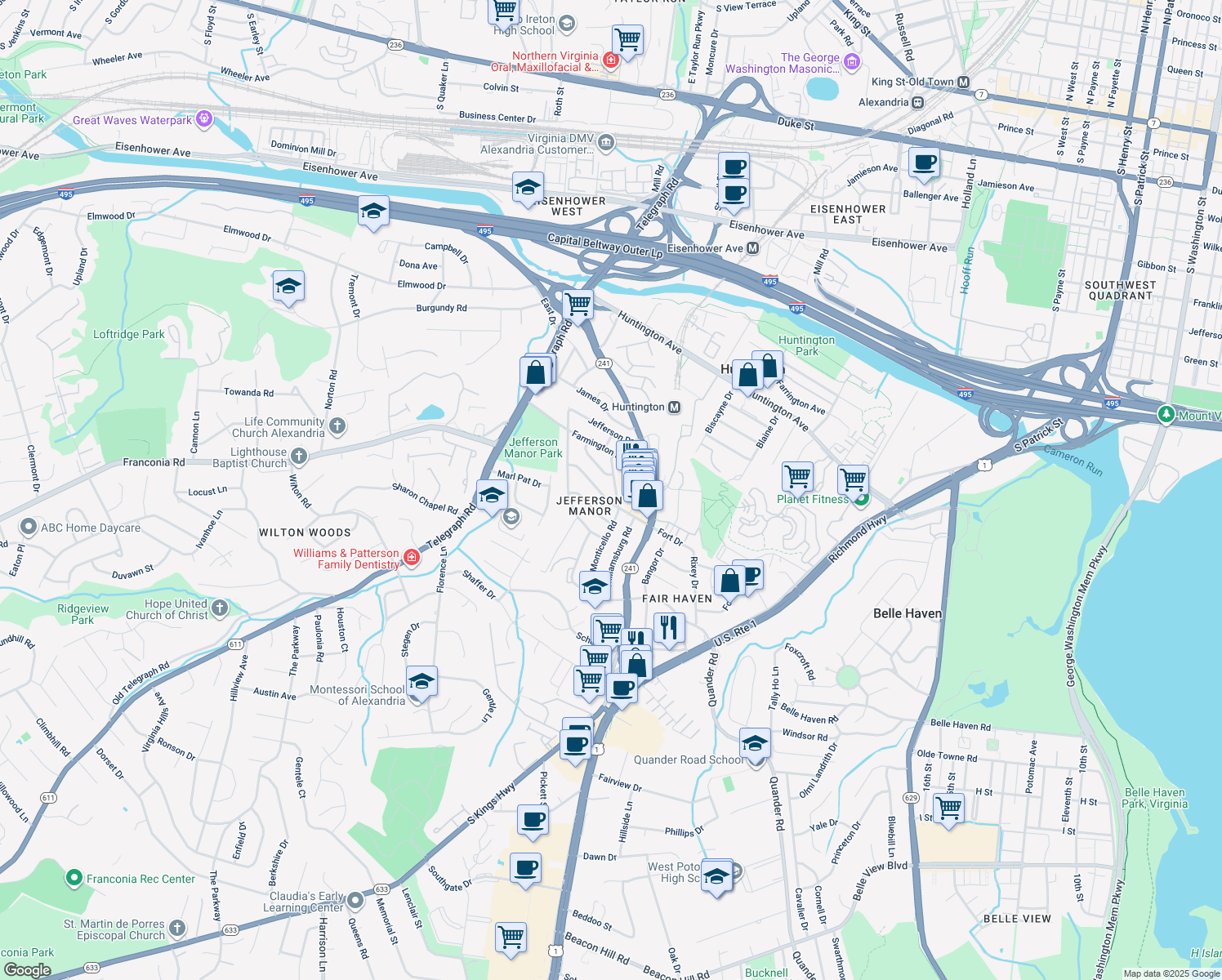map of restaurants, bars, coffee shops, grocery stores, and more near 5900 Monticello Rd in Alexandria