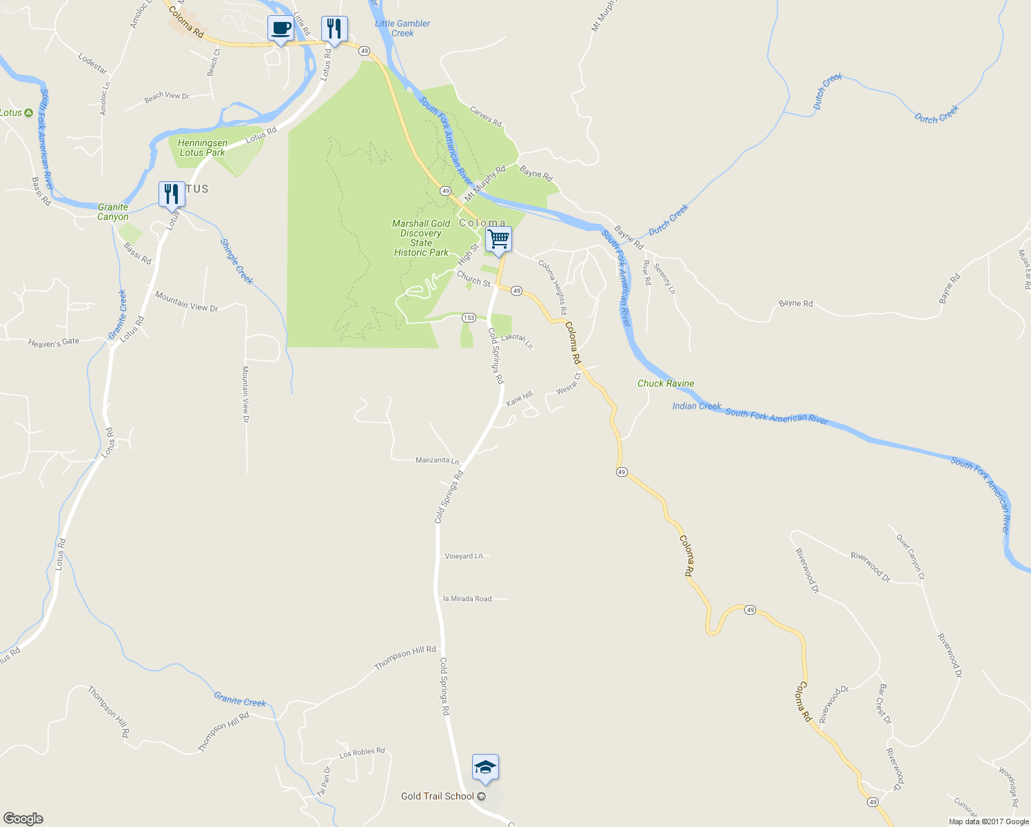 map of restaurants, bars, coffee shops, grocery stores, and more near 581 Cold Springs Road in Placerville