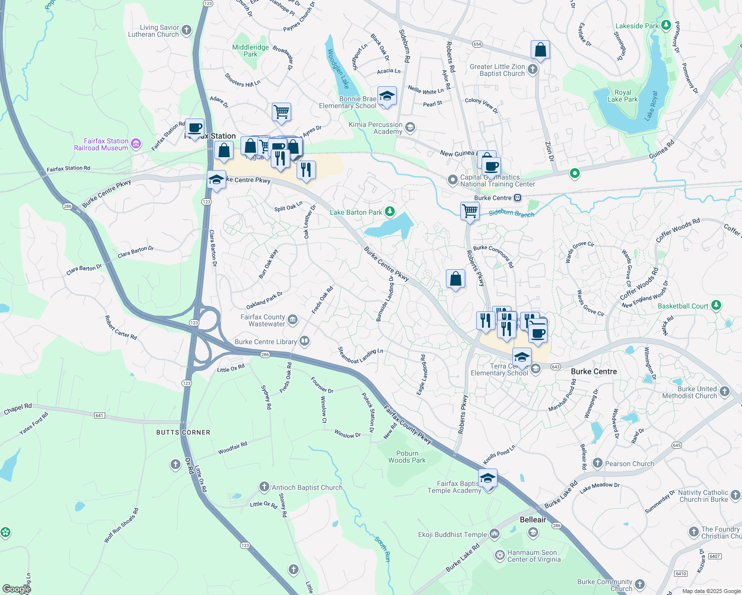map of restaurants, bars, coffee shops, grocery stores, and more near 5939 Oak Leather Drive in Burke