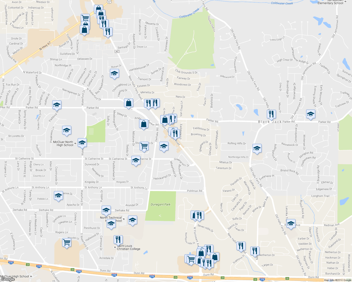 map of restaurants, bars, coffee shops, grocery stores, and more near 12743 New Halls Ferry Rd in Florissant
