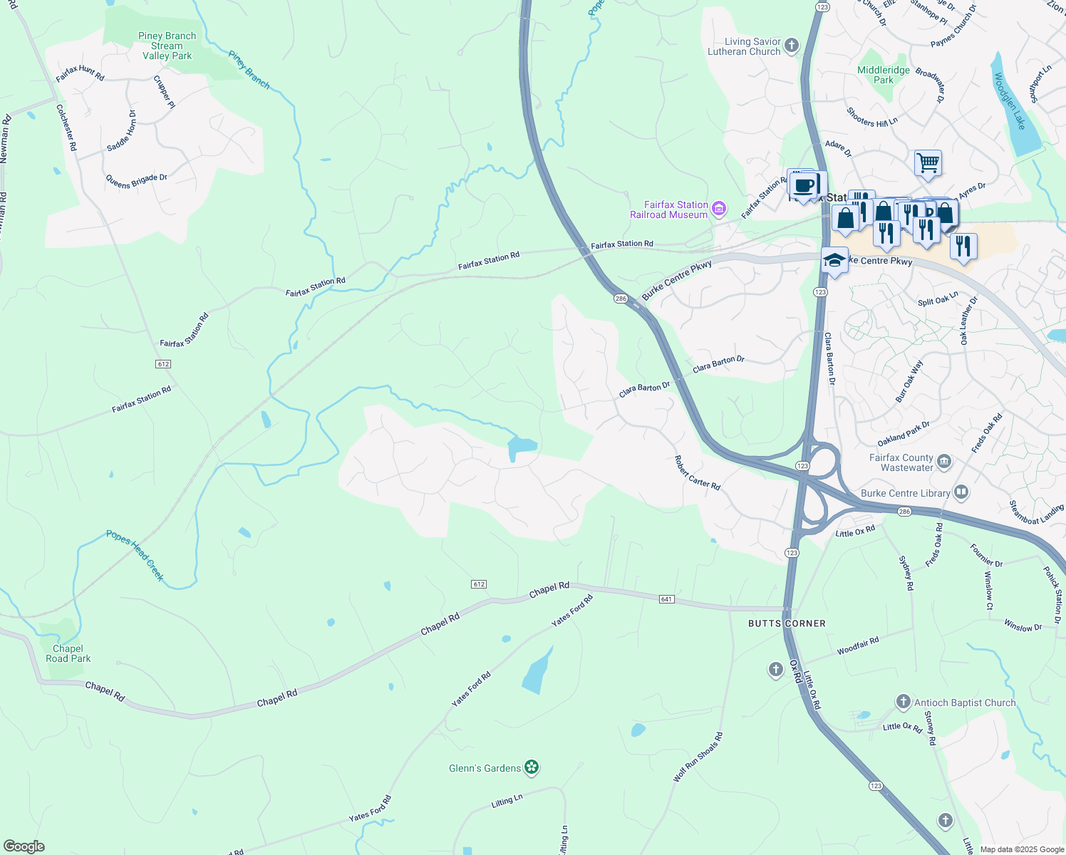 map of restaurants, bars, coffee shops, grocery stores, and more near 11502 Havenner Road in Fairfax Station