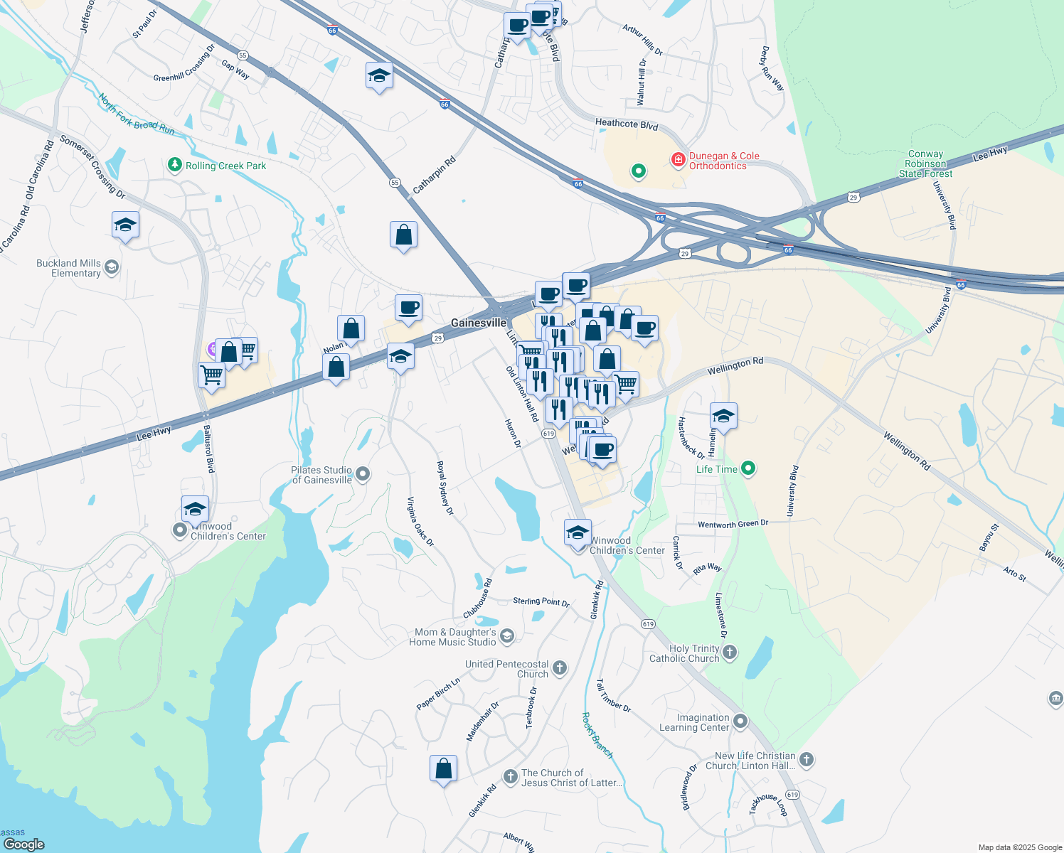 map of restaurants, bars, coffee shops, grocery stores, and more near 7634 Old Linton Hall Road in Gainesville