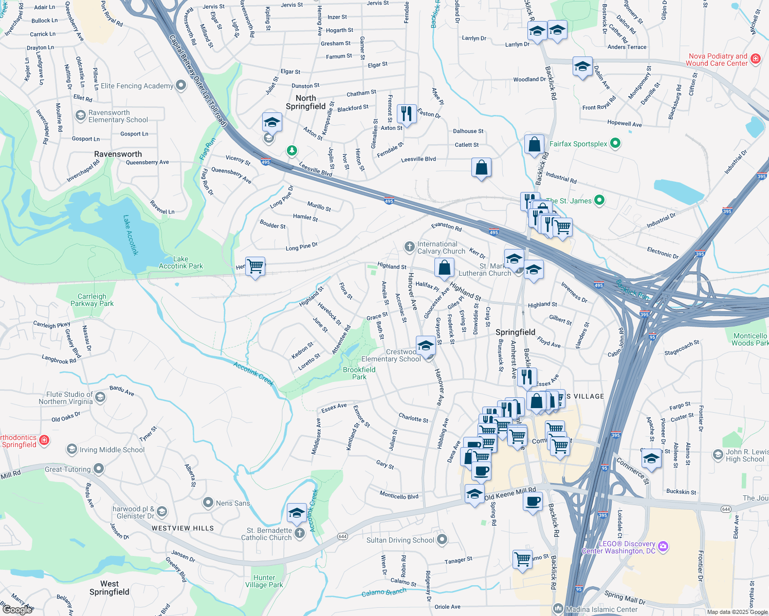 map of restaurants, bars, coffee shops, grocery stores, and more near 5820 Amelia Street in Springfield