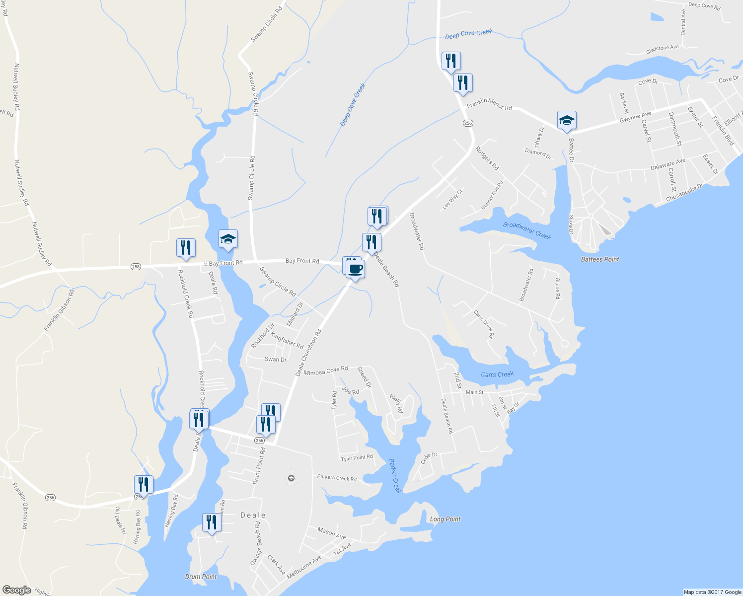 map of restaurants, bars, coffee shops, grocery stores, and more near 5840 Deale Churchton Road in Deale