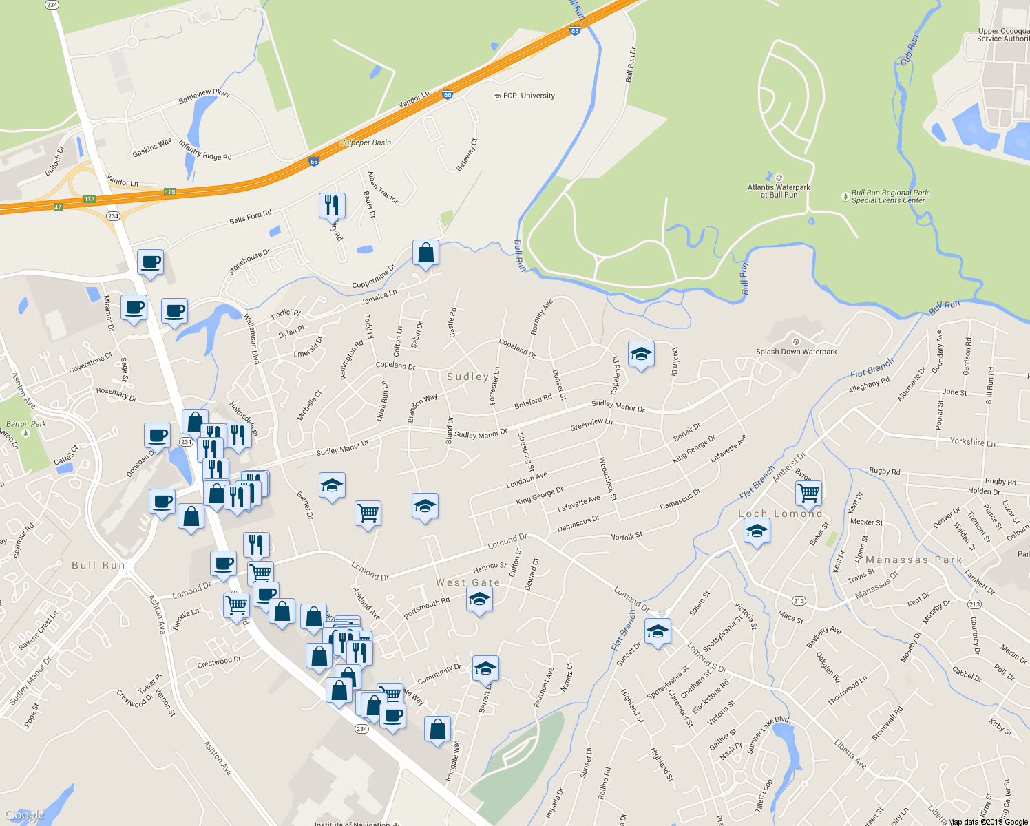 map of restaurants, bars, coffee shops, grocery stores, and more near 9909 Botsford Road in Manassas