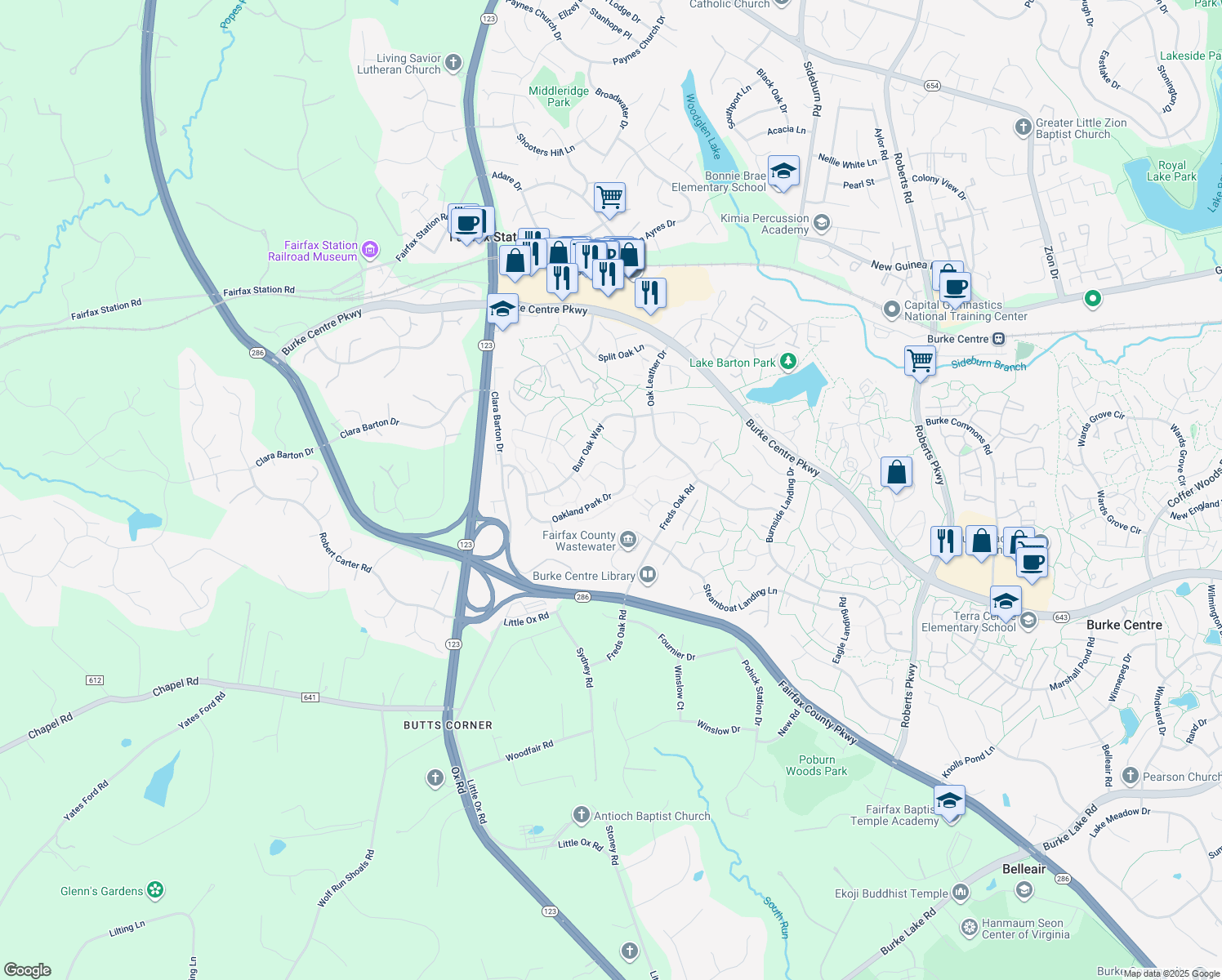 map of restaurants, bars, coffee shops, grocery stores, and more near 10722 Basket Oak Court in Burke
