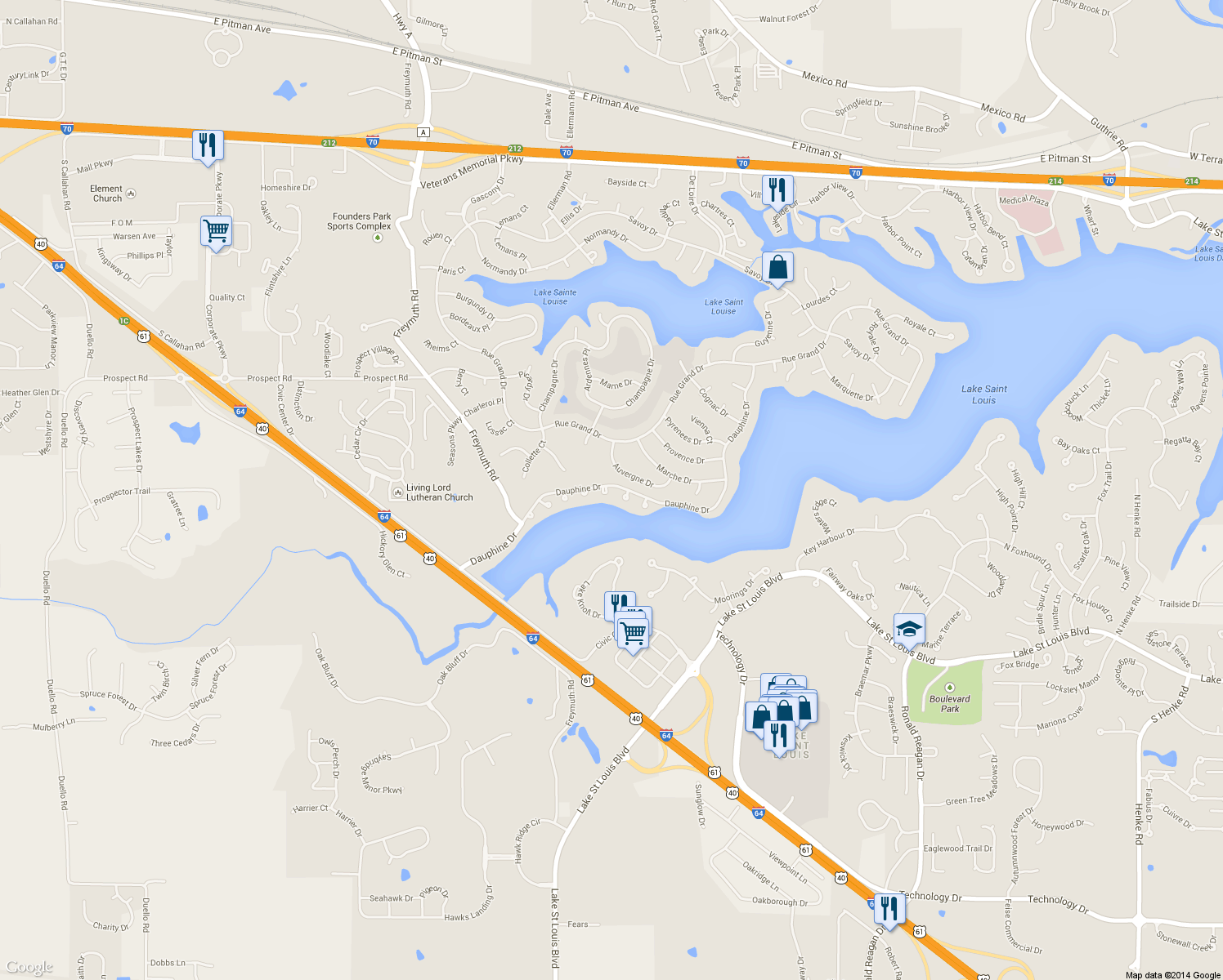 map of restaurants, bars, coffee shops, grocery stores, and more near 78 Nicole Court in Lake Saint Louis