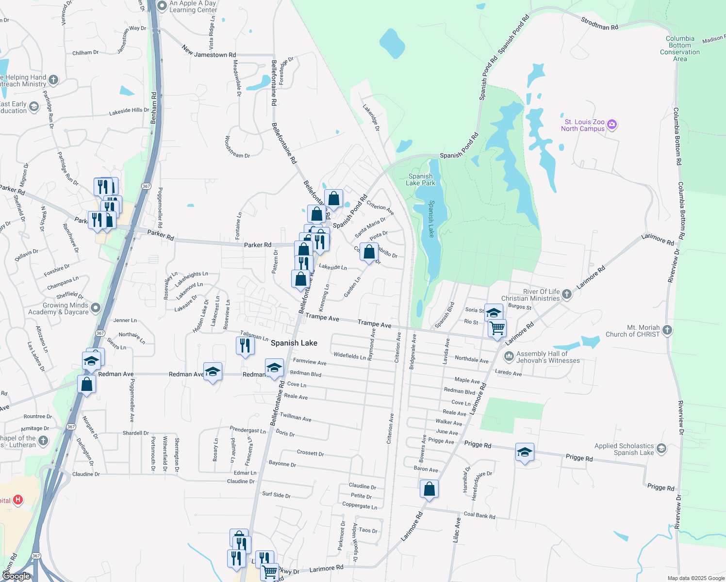map of restaurants, bars, coffee shops, grocery stores, and more near 12087 Trampe Heights Lane in St. Louis