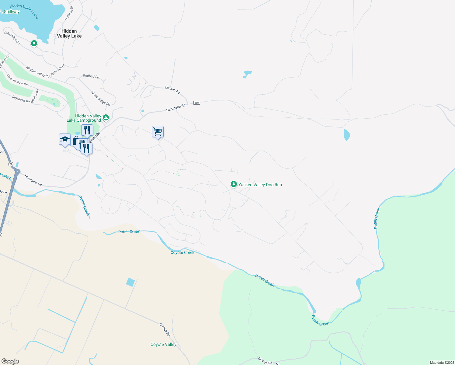 map of restaurants, bars, coffee shops, grocery stores, and more near 20272 Powder Horn Road in Hidden Valley Lake