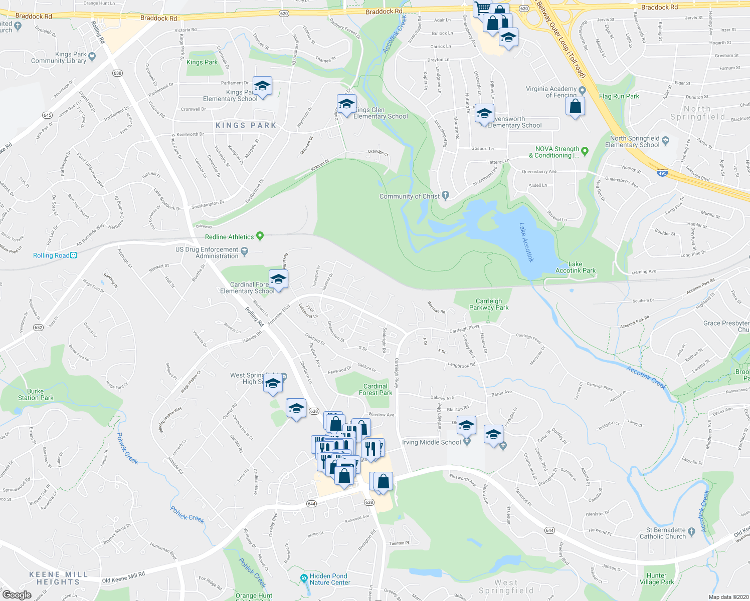 map of restaurants, bars, coffee shops, grocery stores, and more near 8321 Kingsgate Rd in Springfield