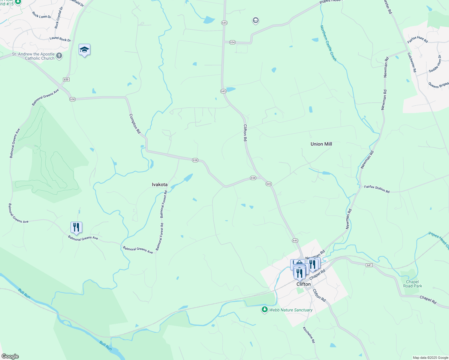 map of restaurants, bars, coffee shops, grocery stores, and more near 13041 Ivakota Road in Clifton