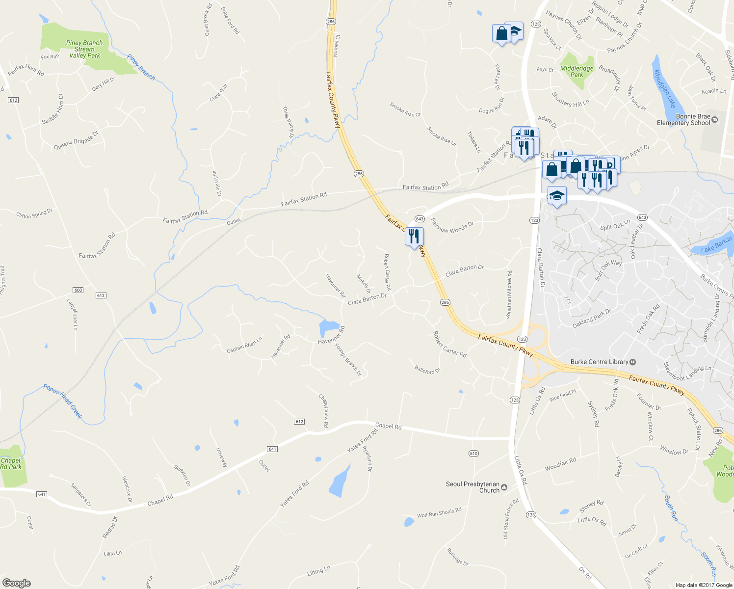 map of restaurants, bars, coffee shops, grocery stores, and more near 6049 Makely Drive in Fairfax Station
