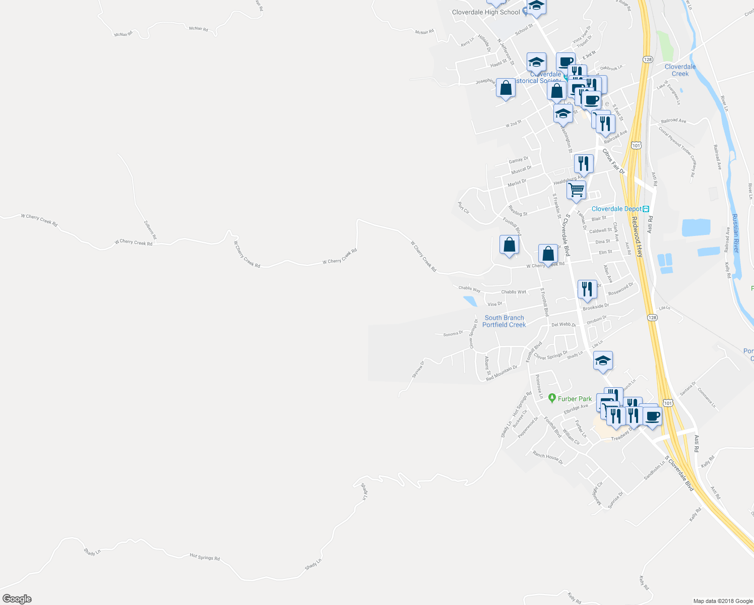 map of restaurants, bars, coffee shops, grocery stores, and more near 695 West Cherry Creek Road in Cloverdale