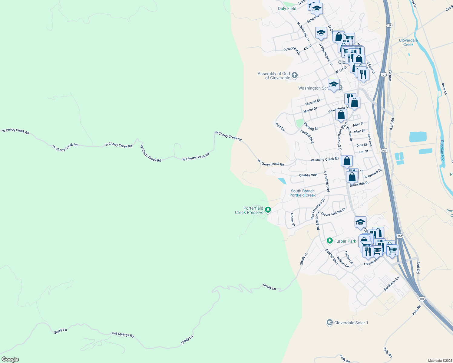 map of restaurants, bars, coffee shops, grocery stores, and more near 695 West Cherry Creek Road in Cloverdale