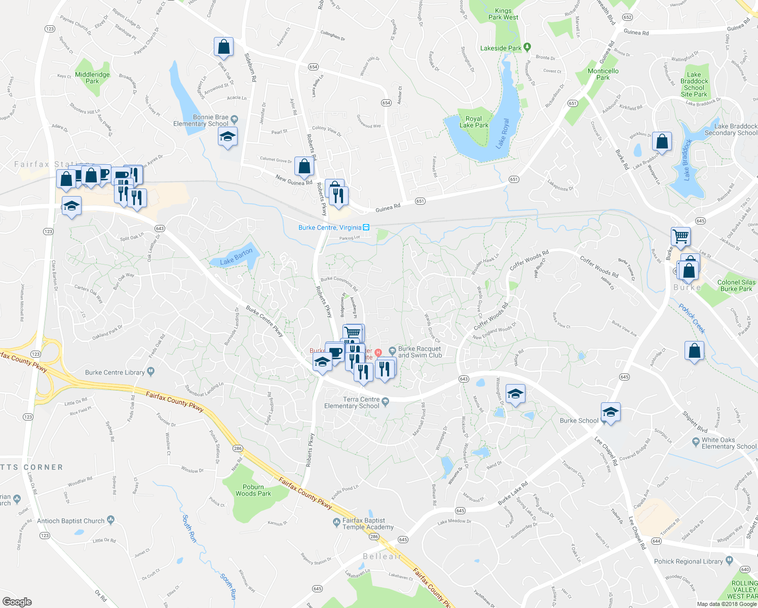 map of restaurants, bars, coffee shops, grocery stores, and more near 12291 Wye Oak Commons Circle in Burke