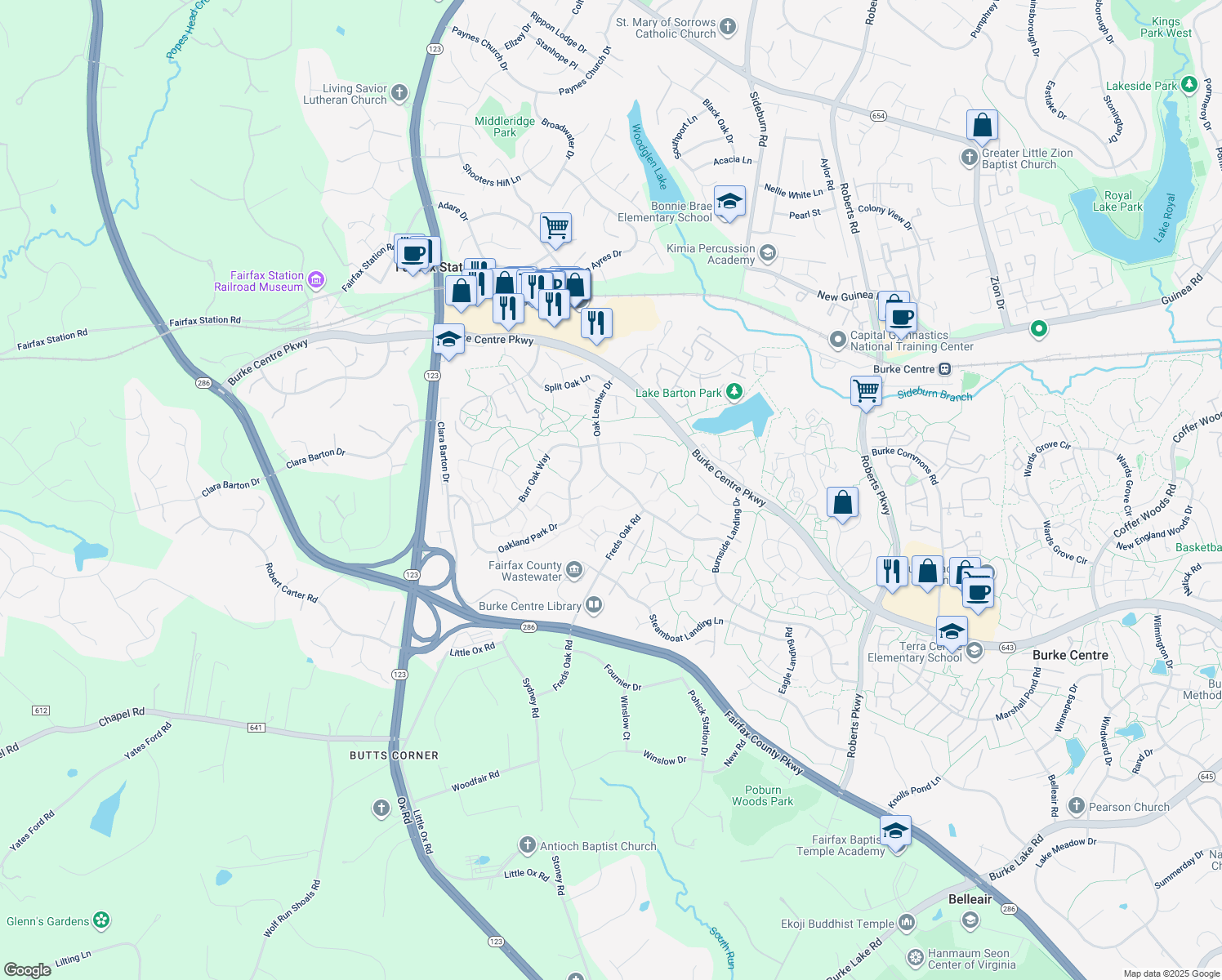 map of restaurants, bars, coffee shops, grocery stores, and more near 5816 Oak Leather Drive in Burke